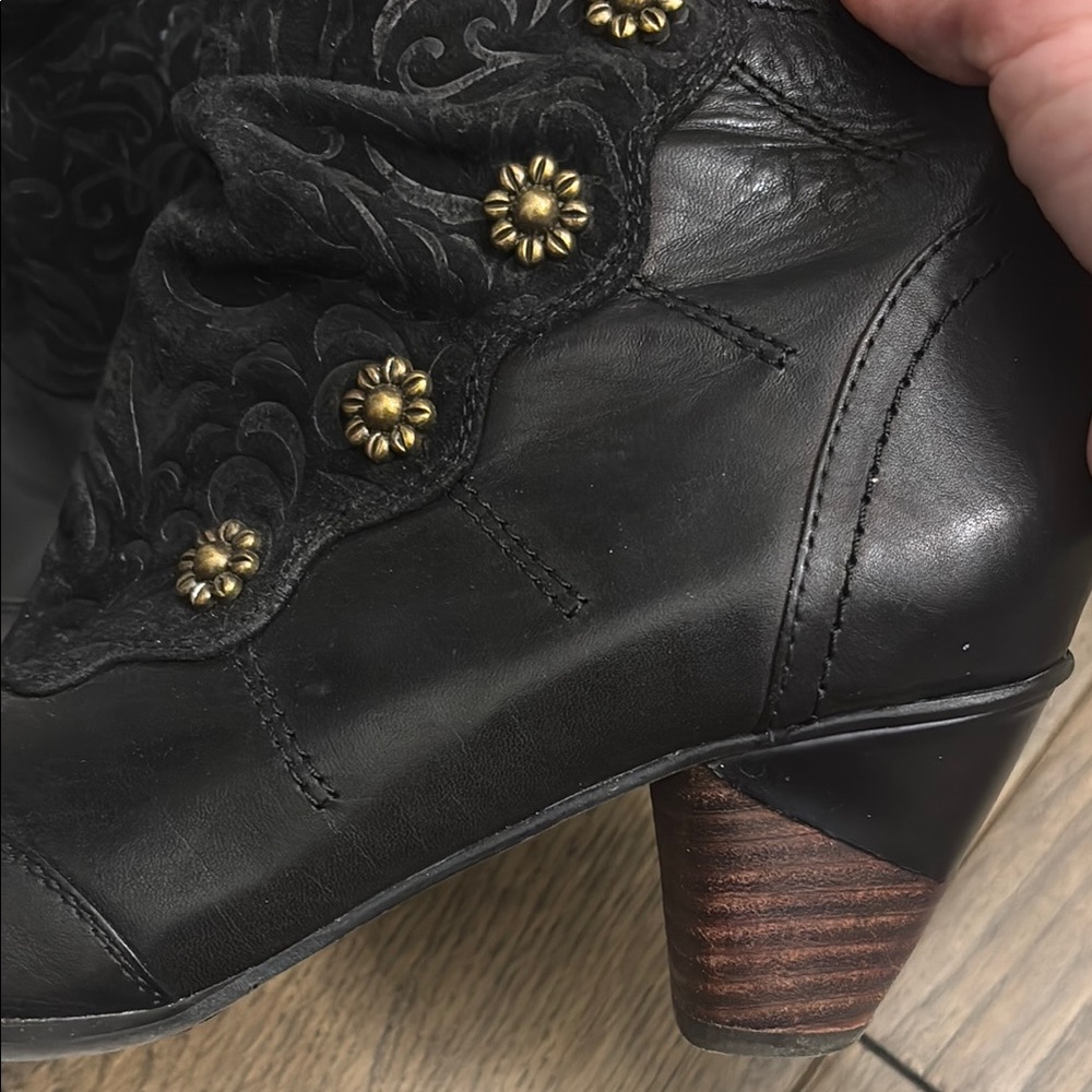 Black Leather Ankle Boots with Gold Accents - Picture 5 of 9